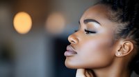 Young African American woman with flawless skin in profile view against blurred background, showing natural makeup, defined eyebrows and diamond stud earring. Soft lighting creates glowing effect.