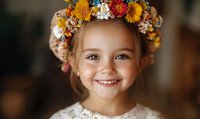 Smiling young girl wearing colorful floral crown with autumn flowers and white lace dress, representing childhood joy and innocence.