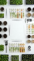Laboratory research setup with test tubes containing plant extracts, seedlings, soil samples and scientific instruments for botanical studies and agriculture.