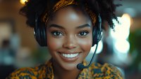 Young African American woman customer service representative wearing headset with microphone smiling warmly at camera in modern office environment.