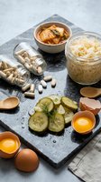 Probiotic foods and supplements on slate board including fermented vegetables, sauerkraut, kimchi, probiotics capsules and fresh eggs for gut health.