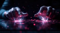 Magical glowing pink energy sparks between hands in dark space, mystical power concept with light particles and reflection on black surface.