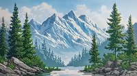 Majestic snow-capped mountain peaks rise above a serene alpine lake, framed by evergreen pine trees and rocky outcrops under soft clouds in tranquil wilderness landscape.