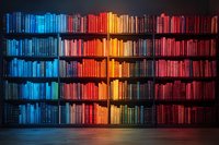 Colorful gradient bookshelf arrangement from blue to red tones creating rainbow effect on dark wooden shelves, dramatic lighting highlights book spines in library setting.