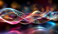 Glowing abstract waves with sparkles and dots flow across dark background creating dynamic motion effect in blue, pink and orange colors for technology design.