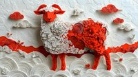 Red and white decorative sheep with floral pattern body against textured background with Asian-inspired clouds, paper art style composition for lunar new year celebration.