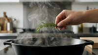 Young adult hand adding fresh rosemary sprig to steaming pot in modern kitchen, cooking preparation and culinary ingredient concept for food blogs and recipe content.