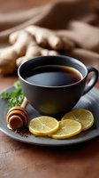 Black tea in dark ceramic cup with fresh lemon slices, honey dipper, ginger root and herbs on gray plate against brown background. Cozy drink composition.
