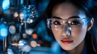 Young Asian female scientist wearing protective safety glasses in modern laboratory with blue lighting and scientific equipment background.