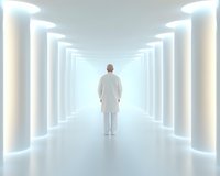 Medical professional in white uniform standing in futuristic bright corridor with glowing columns creating perspective view. Clean minimalist healthcare environment.