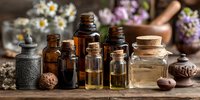 Essential oils collection in amber glass bottles with natural herbs and flowers for aromatherapy wellness spa treatment on rustic wooden background.