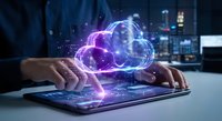 Businessman hands typing on tablet with glowing cloud computing hologram and digital data network connections in modern office environment.