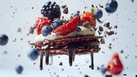 Decadent chocolate wafer dessert with fresh berries, cream filling, and chocolate drips floating in dynamic composition against light background. Food photography.