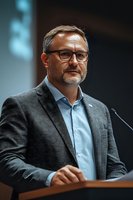 Confident middle-aged Caucasian businessman with glasses speaking at podium during corporate presentation or conference in modern office setting.