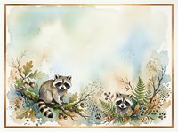 Watercolor illustration of two raccoons perched on branches surrounded by ferns, foliage, and botanical elements in soft earth tones and muted blues, suitable for woodland-themed designs and nature artwork.