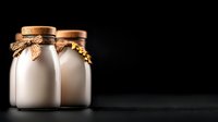 Two glass milk bottles with cork stoppers and rope ties on dark background for rustic kitchen decor and organic dairy product packaging design.