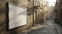 Empty white billboard on brick wall in narrow cobblestone alley with warm sunlight and shadows, perfect for advertising mockup and urban marketing display.