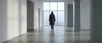 Woman in dark coat walking through modern empty corridor with large windows and concrete floor, suitable for corporate and architectural concepts.
