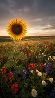 Single sunflower blooming in wildflower meadow at golden hour sunset with dramatic cloudy sky over rolling hills and colorful prairie flowers in summer field.