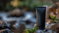 Black cosmetic tube on natural forest ground with green plants and bokeh background, mockup for organic skincare product packaging presentation.