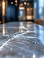 Luxurious marble countertop with natural veining pattern in modern interior setting. Blurred bokeh lights and contemporary design elements create elegant atmosphere.