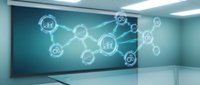 Young professional male, Caucasian appearance, wearing business attire, interacting with digital network visualization displaying interconnected nodes and financial icons on modern office wall.