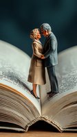Miniature elderly couple figurines standing on open book pages in romantic pose, senior man and woman embracing against dark green background. Creative love concept.