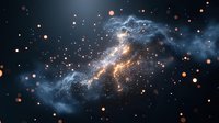Spiral galaxy with golden and blue nebula clouds surrounded by glowing stars and cosmic dust particles floating in deep space, suitable for astronomy and science backgrounds.