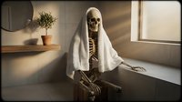 Skeleton figure wearing white cloth draped over skull, seated at table in minimalist room with warm sunlight, conveying mortality and contemplation themes for editorial and conceptual projects.