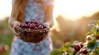 Woman in floral dress holding wicker basket filled with freshly harvested red cherries at sunset in orchard garden, soft golden light background.