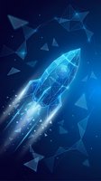 Glowing polygonal rocket launching upward on dark blue background with geometric triangles and stars, symbolizing innovation and startup growth.