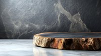 Wood slice platform with marble texture background and atmospheric lighting for product display and staging.