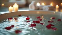 Romantic bath with floating red rose petals and glowing candles creating serene spa atmosphere. Wellness and relaxation concept for Valentine's day or anniversary.