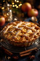 Homemade apple pie with lattice crust on cooling rack, dusted with sugar, cinnamon sticks and fresh apples in festive holiday setting.