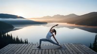 Woman practicing yoga on wooden dock at serene mountain lake during golden hour sunrise creating peaceful wellness atmosphere for meditation retreat.