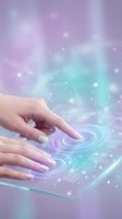 Hands touching holographic digital interface with glowing circles and data visualization elements on futuristic transparent screen with magical light effects.