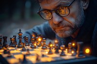 Middle-aged Caucasian man with glasses and beard playing chess in atmospheric evening lighting with candles creating magical bokeh effect around chess pieces.