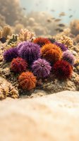 Colorful sea urchins cluster on coral reef in warm ocean waters creating vibrant underwater marine ecosystem with purple orange and red spiny creatures.