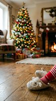 Cozy holiday living room with decorated tree, fireplace, and child wearing festive animal slippers on wooden floor, perfect for seasonal home and family celebrations.