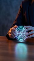 Businessman hands protecting glowing compass hologram on wooden desk representing navigation guidance and strategic business direction planning.