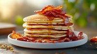 Stack of fluffy pancakes with crispy bacon and maple syrup on white plate, breakfast comfort food ready for morning meal advertising and menu design.