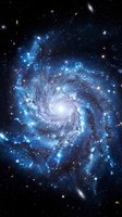 Spiral galaxy with luminous blue star clusters and bright core against deep space background, suitable for astronomy and science education.