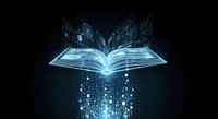 Open book with glowing digital pages and cascading data particles on dark background, representing knowledge, learning, technology, and digital transformation for educational and business concepts.