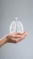 Human hands holding glowing transparent lungs anatomy model representing respiratory health care and medical protection concept.