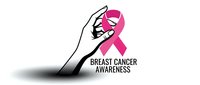 Hand holding pink ribbon symbol for breast cancer awareness campaign on white background with text for medical healthcare support.