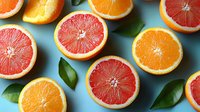Fresh citrus fruit halves of orange and grapefruit with green leaves arranged on blue background, top view composition for healthy eating and vitamin C concept.