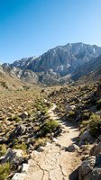 Hiking trail winding through desert valley with rocky mountains, sparse vegetation, and clear blue sky. Suitable for travel, adventure, and outdoor recreation content.