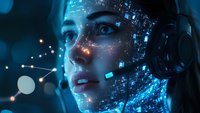 Young Asian woman in headphones surrounded by glowing digital particles and network connections against dark background with blue technology elements.