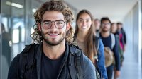 Young caucasian student with curly hair and glasses smiling in university hallway with diverse group of students walking behind him, modern education concept.