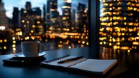 Coffee cup and notebook on table against blurred city skyline with glowing lights at dusk, creating cozy evening atmosphere for work or relaxation.